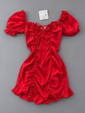 Angel Biba Red Ruched Puff Sleeve Mini Dress – Size S – NWT